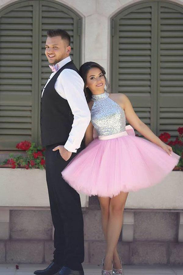 Glitzerndes, hochgeschlossenes, kurzes, rosa Heimkehrkleid, Partykleid PG163