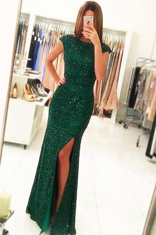 Glitzerndes langes Meerjungfrau-Bateau-Pailletten-Ballkleid mit offenem Rücken und Schlitz