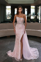Vestido de fiesta largo de sirena brillante sin tirantes de tul con lentejuelas y abertura