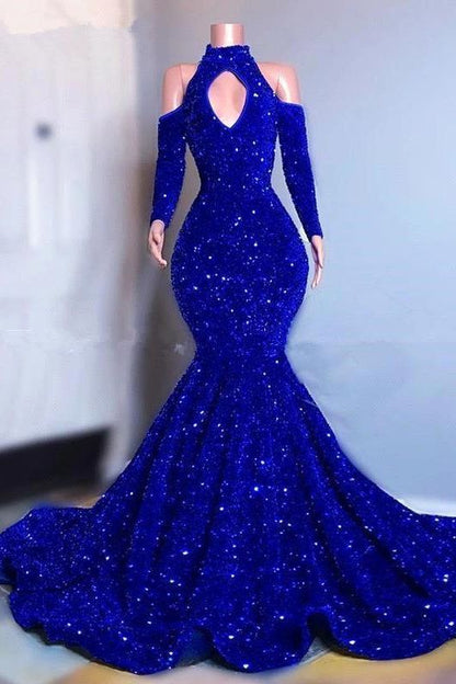 Glitzerndes, bodenlanges Meerjungfrauen-Ballkleid mit langen Ärmeln
