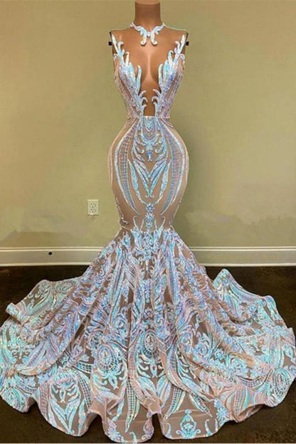 Glitzerndes Meerjungfrauen-Ballkleid mit floraler Spitze und bodenlanger Träger