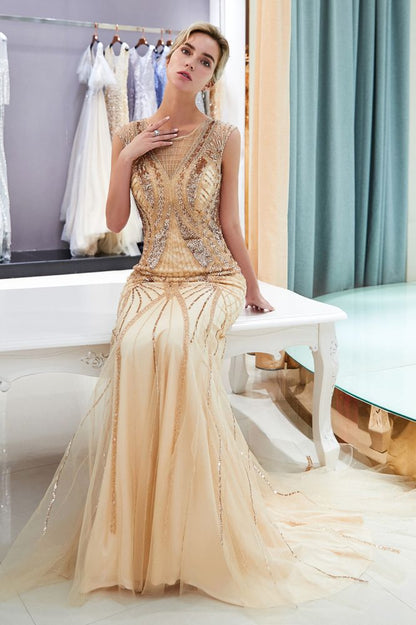 Vestido de fiesta formal de sirena brillante sin mangas con lentejuelas doradas y cuentas