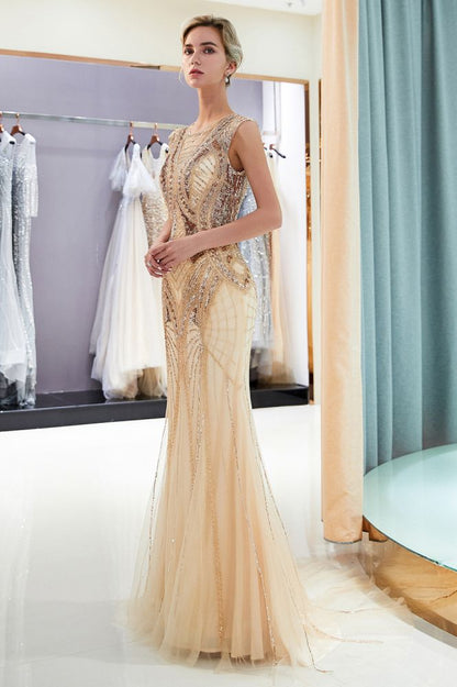 Vestido de fiesta formal de sirena brillante sin mangas con lentejuelas doradas y cuentas