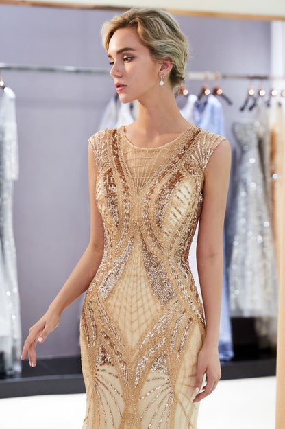 Vestido de fiesta formal de sirena brillante sin mangas con lentejuelas doradas y cuentas