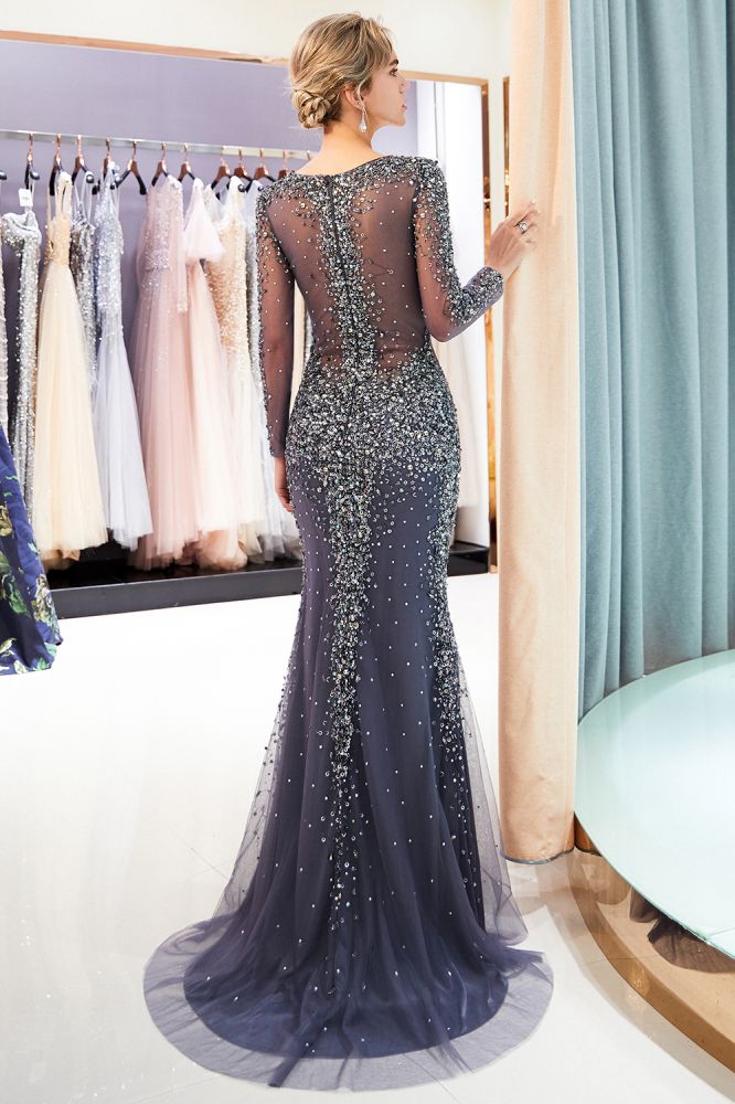 Vestidos de noche con escote en V, mangas largas y cuentas, de sirena brillante