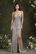 Vestido de dama de honor/graduación con lentejuelas, escote en V, tirantes anchos y sirena brillante con abertura lateral