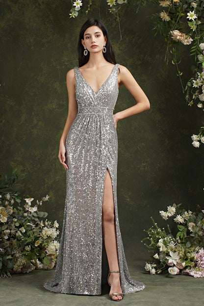 Vestido de dama de honor/graduación con lentejuelas, escote en V, tirantes anchos y sirena brillante con abertura lateral