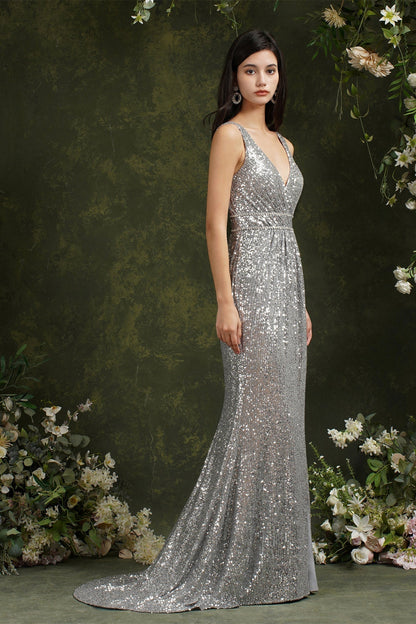 Vestido de dama de honor/graduación con lentejuelas, escote en V, tirantes anchos y sirena brillante con abertura lateral