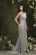Vestido de dama de honor/graduación con lentejuelas, escote en V, tirantes anchos y sirena brillante con abertura lateral