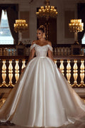 Sparkly Off-the-Shoulder Sequins A-line Bridal Dress with Detachable Sweep Train