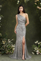 Vestido de dama de honor/graduación de sirena con lentejuelas brillantes de un solo hombro y abertura lateral hasta el suelo