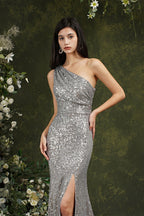 Vestido de dama de honor/graduación de sirena con lentejuelas brillantes de un solo hombro y abertura lateral hasta el suelo