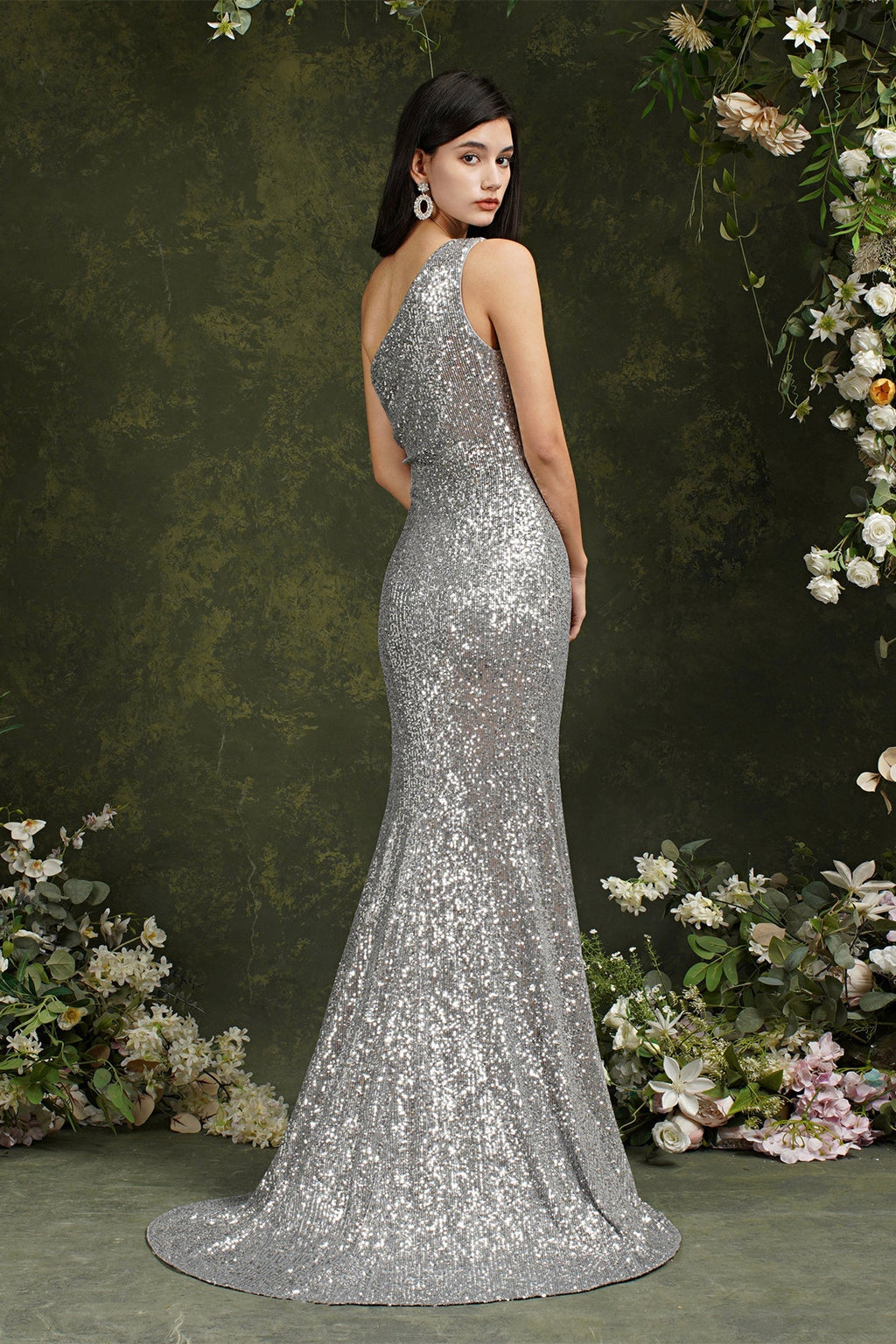 Vestido de dama de honor/graduación de sirena con lentejuelas brillantes de un solo hombro y abertura lateral hasta el suelo
