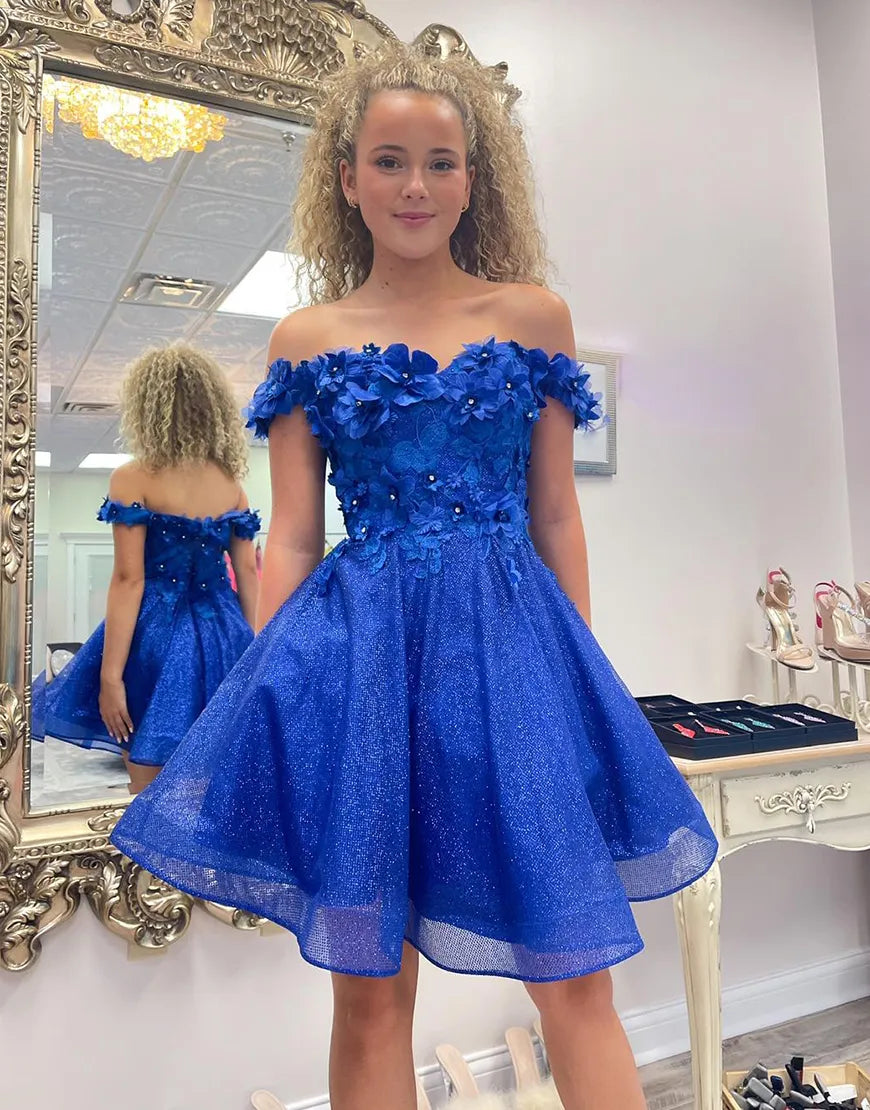 Vestido de fiesta azul real brillante con hombros descubiertos, corte A y flores con cuentas