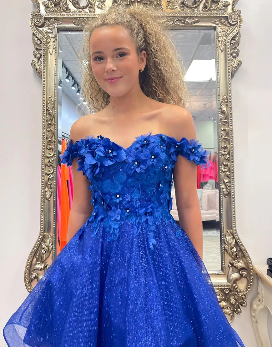Vestido de fiesta azul real brillante con hombros descubiertos, corte A y flores con cuentas