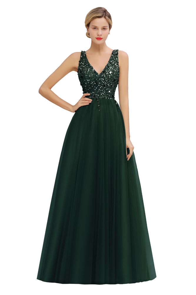 Glitzernde Pailletten V-Ausschnitt A-Linie Abend Maxikleid Tüll Ballkleid