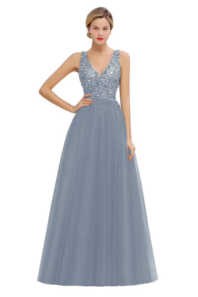 Glitzernde Pailletten V-Ausschnitt A-Linie Abend Maxikleid Tüll Ballkleid