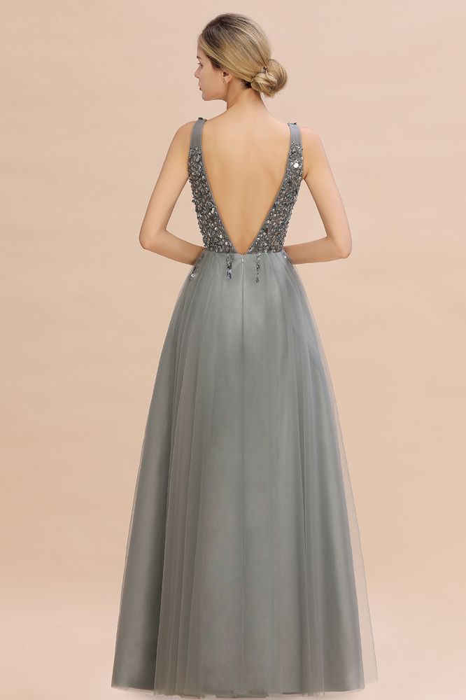 Glitzernde Pailletten V-Ausschnitt A-Linie Abend Maxikleid Tüll Ballkleid