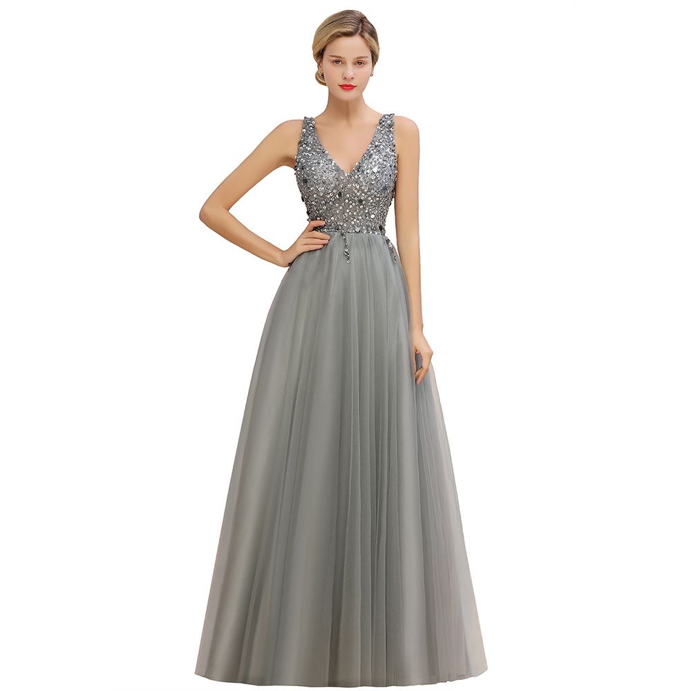 Glitzernde Pailletten V-Ausschnitt A-Linie Abend Maxikleid Tüll Ballkleid