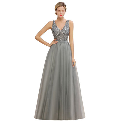 Glitzernde Pailletten V-Ausschnitt A-Linie Abend Maxikleid Tüll Ballkleid