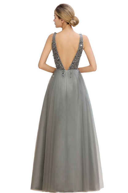 Glitzernde Pailletten V-Ausschnitt A-Linie Abend Maxikleid Tüll Ballkleid