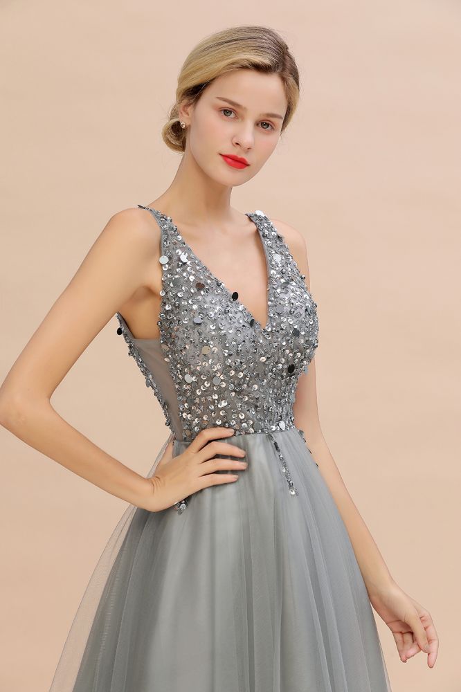 Glitzernde Pailletten V-Ausschnitt A-Linie Abend Maxikleid Tüll Ballkleid