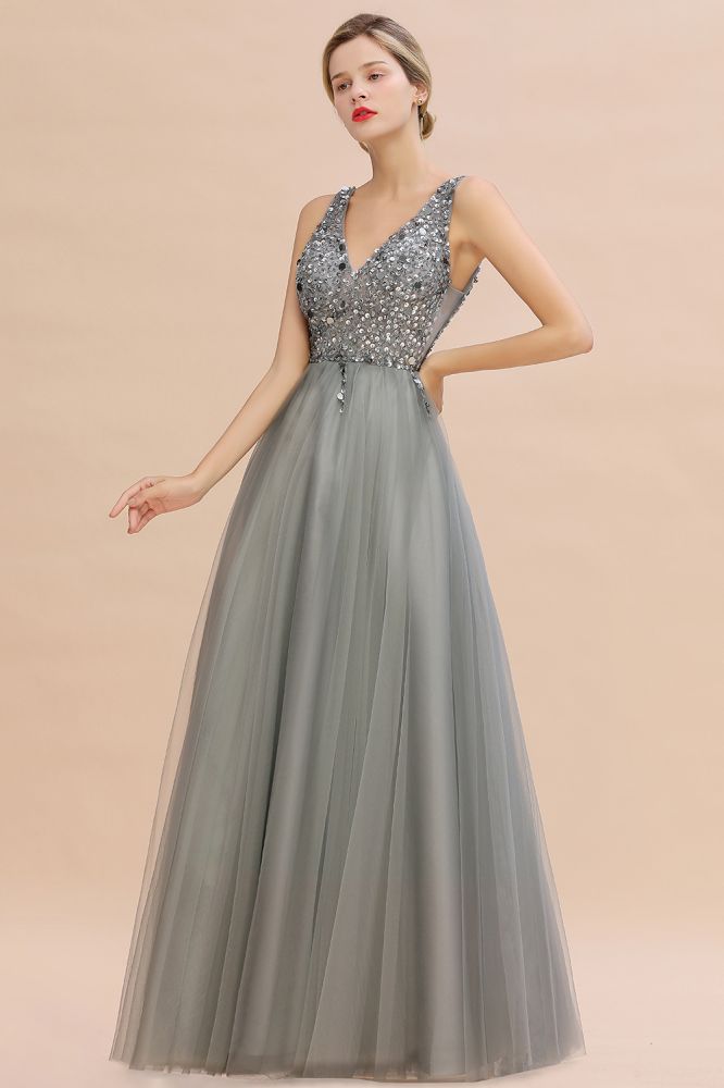 Glitzernde Pailletten V-Ausschnitt A-Linie Abend Maxikleid Tüll Ballkleid
