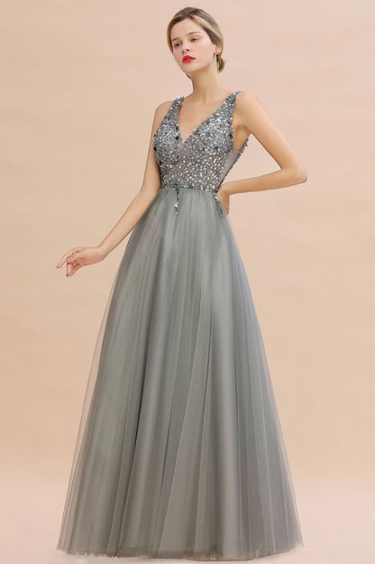 Glitzernde Pailletten V-Ausschnitt A-Linie Abend Maxikleid Tüll Ballkleid
