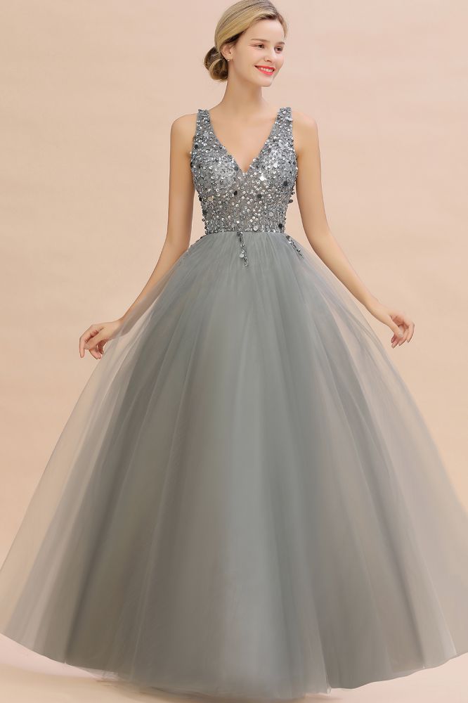 Glitzernde Pailletten V-Ausschnitt A-Linie Abend Maxikleid Tüll Ballkleid