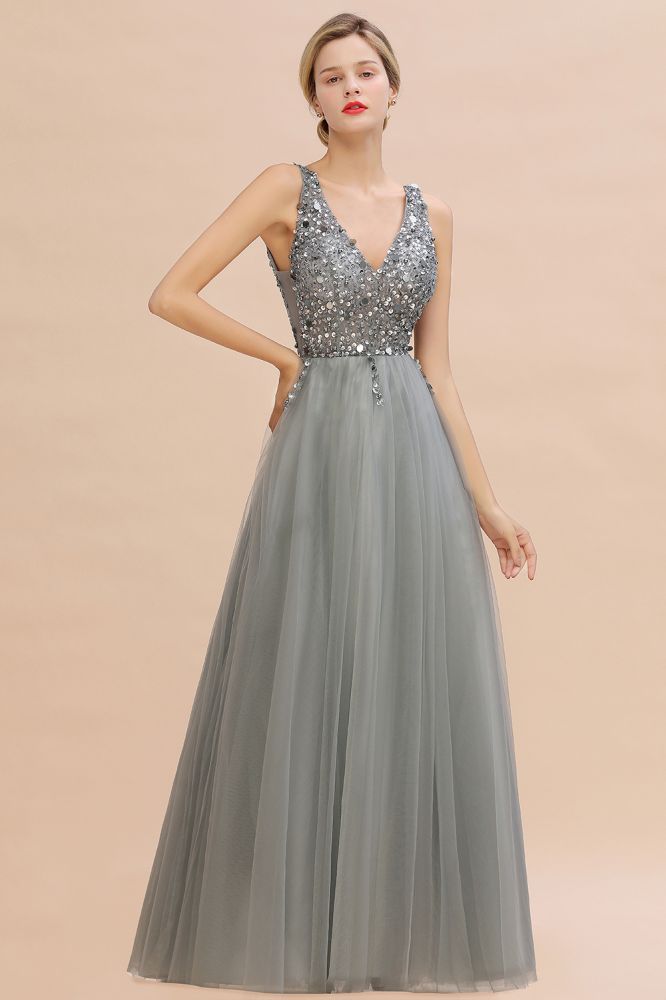 Glitzernde Pailletten V-Ausschnitt A-Linie Abend Maxikleid Tüll Ballkleid
