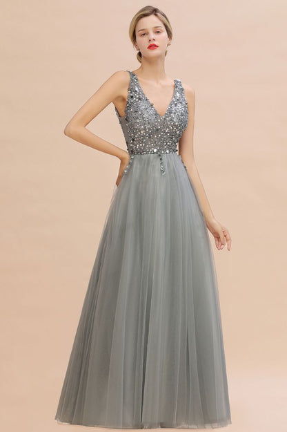 Glitzernde Pailletten V-Ausschnitt A-Linie Abend Maxikleid Tüll Ballkleid