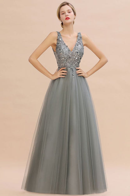 Glitzernde Pailletten V-Ausschnitt A-Linie Abend Maxikleid Tüll Ballkleid