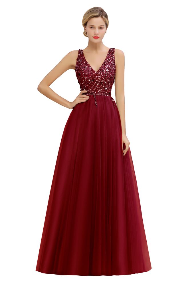 Glitzernde Pailletten V-Ausschnitt A-Linie Abend Maxikleid Tüll Ballkleid