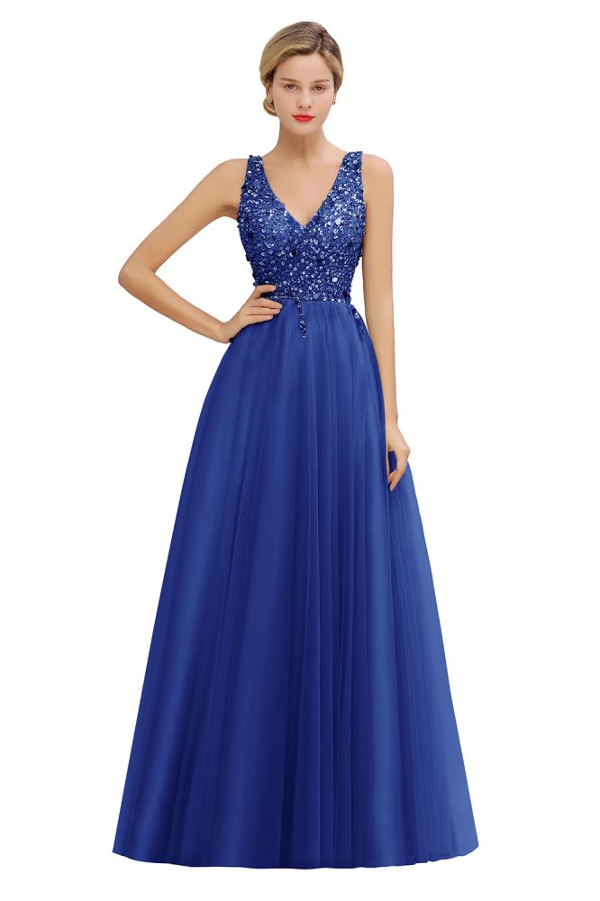 Glitzernde Pailletten V-Ausschnitt A-Linie Abend Maxikleid Tüll Ballkleid