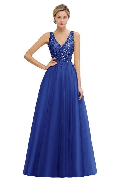 Glitzernde Pailletten V-Ausschnitt A-Linie Abend Maxikleid Tüll Ballkleid