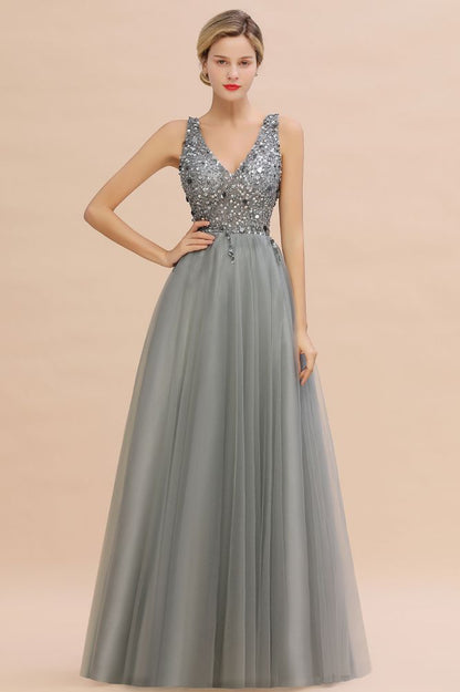 Glitzernde Pailletten V-Ausschnitt A-Linie Abend Maxikleid Tüll Ballkleid