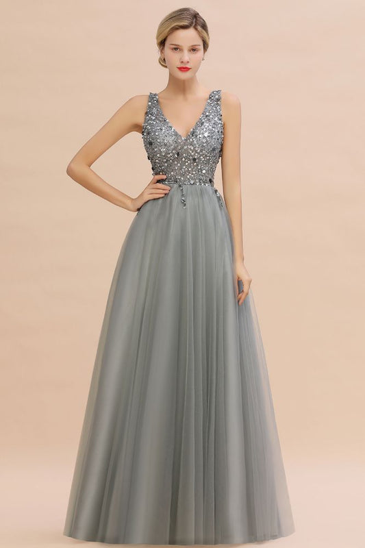 Glitzernde Pailletten V-Ausschnitt A-Linie Abend Maxikleid Tüll Ballkleid