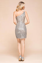 Glitzerndes, kurzes, schmales Cocktailpartykleid, sexy Mini-Ballkleid mit einer Schulter