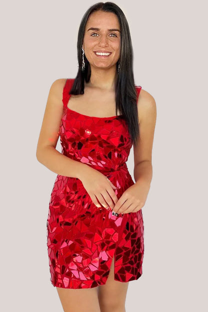 Luz | Vestido de fiesta corto, ajustado, con escote redondo y efecto espejo, color plateado brillante