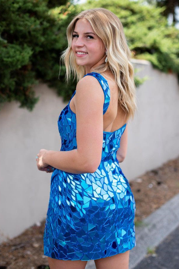 Luz | Glitzerndes, silbernes, spiegelglattes, kurzes Homecoming-Kleid mit U-Ausschnitt