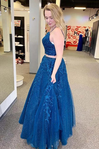 Vestidos de fiesta formales de tul con apliques de encaje y escote en V de dos piezas brillantes