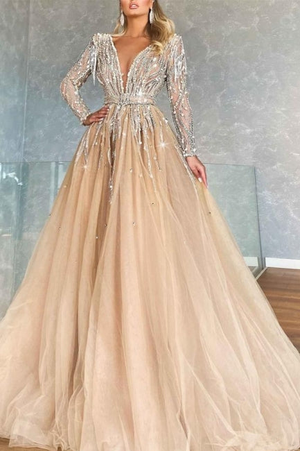 Funkelnde V-Ausschnitt A-Linie Lange Ärmel Ballkleid Ballkleider mit Perlen