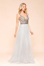 Funkelndes A-Linien-Abendkleid mit V-Ausschnitt und bodenlangem ärmellosem Hochzeitspartykleid