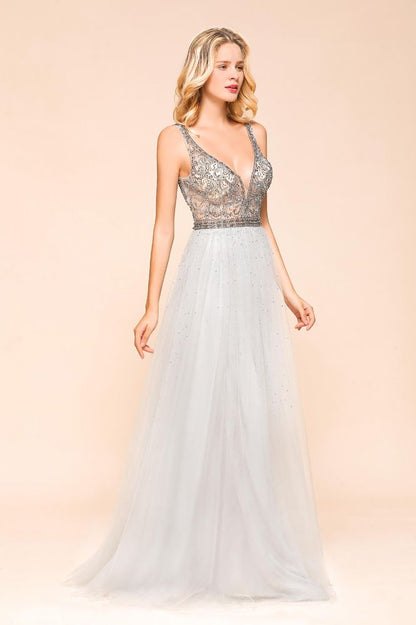 Funkelndes A-Linien-Abendkleid mit V-Ausschnitt und bodenlangem ärmellosem Hochzeitspartykleid