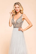 Funkelndes A-Linien-Abendkleid mit V-Ausschnitt und bodenlangem ärmellosem Hochzeitspartykleid