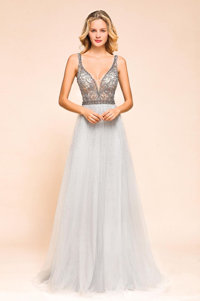 Funkelndes A-Linien-Abendkleid mit V-Ausschnitt und bodenlangem ärmellosem Hochzeitspartykleid