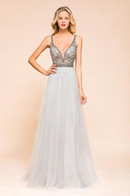 Funkelndes A-Linien-Abendkleid mit V-Ausschnitt und bodenlangem ärmellosem Hochzeitspartykleid