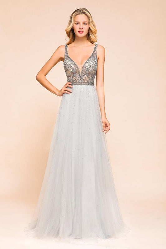 Funkelndes A-Linien-Abendkleid mit V-Ausschnitt und bodenlangem ärmellosem Hochzeitspartykleid