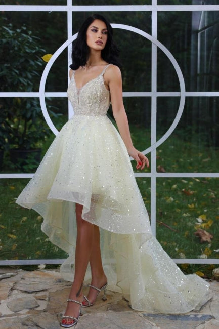 Vestidos de cóctel de fiesta, de graduación y de corte alto y bajo con tirantes finos en amarillo brillante