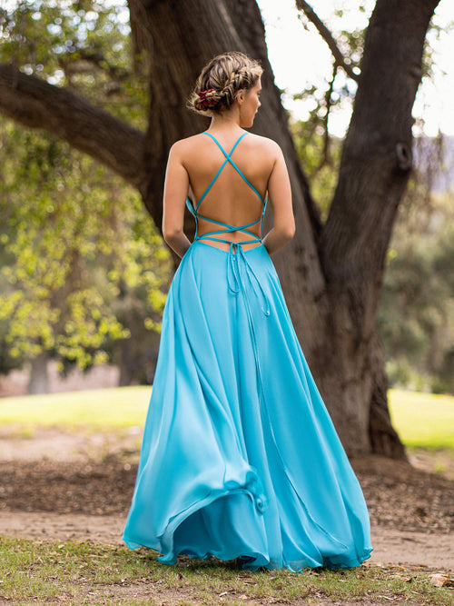 Vestido de fiesta de corte A recto de gasa hasta el suelo con espalda recortada